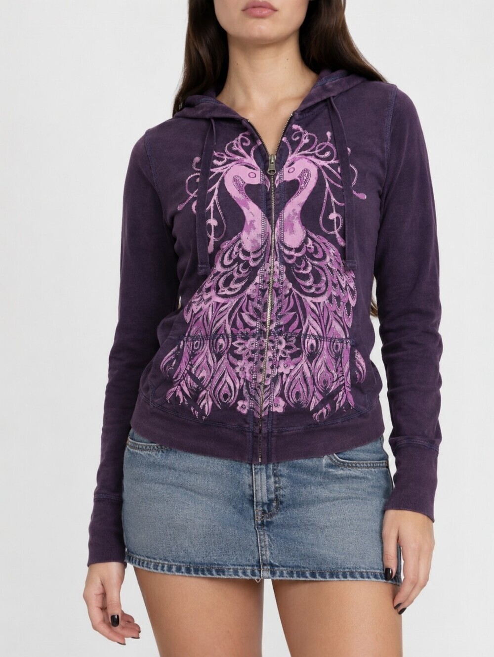 Vintage Y2K Lucky Brand Swan Peacock Graphic Full Zip Hoodie Purple Whimsigoth M